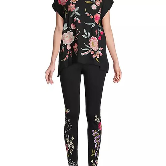 Johnny Was Joya Relaxed Drape Tee Flowers Black Shirt Floral Embroidery Top New - Picture 5 of 8